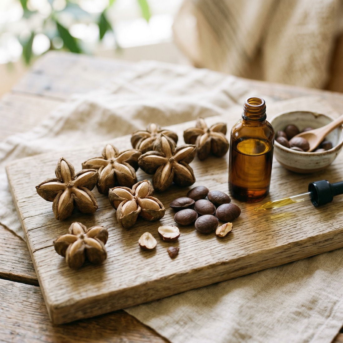 Sacha Inchi star-shaped seed pods next to amber glass bottle