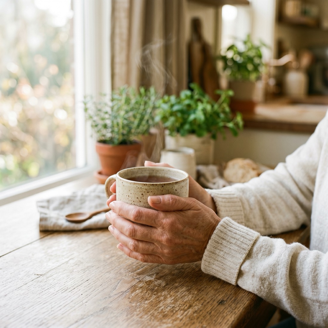 Mature woman's hands cradling a warm mug in soft morning light