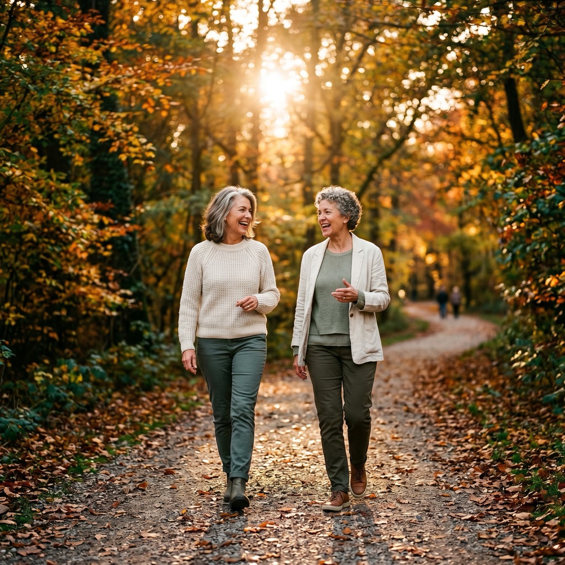 Two confident women in their late 50s walking together in golden hour light